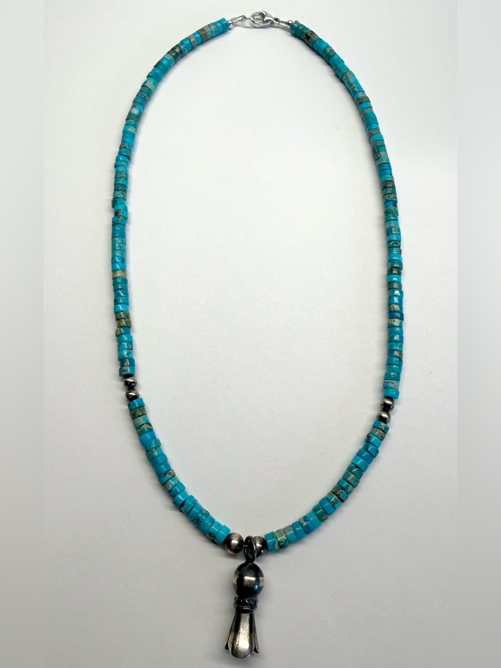 Sterling Silver Turquoise Heishi Blossom Necklace 17” Southwestern